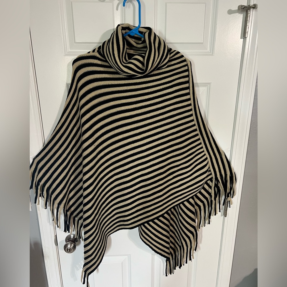 Cowlneck Poncho black and Tan strips with fringe
